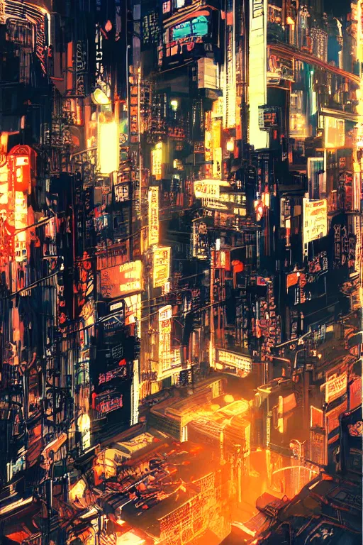 Image similar to cyberpunk illustration by shigenori soejima, street gang, concept art, intricate cyberpunk city, orange overlooking city