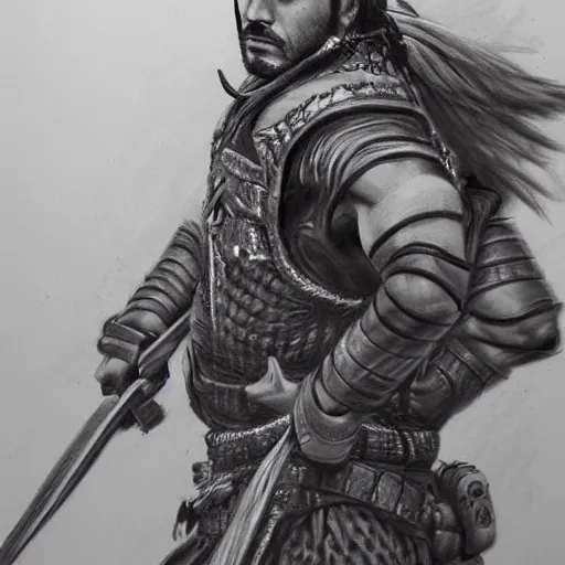 Image similar to Kurdish samurai, extremely detailed charcoal sketch, realistic, incredibly detailed, award winning art, cinematic, extremely high detail, concept art, 4k fantasy art, trending on artstation, full body shot