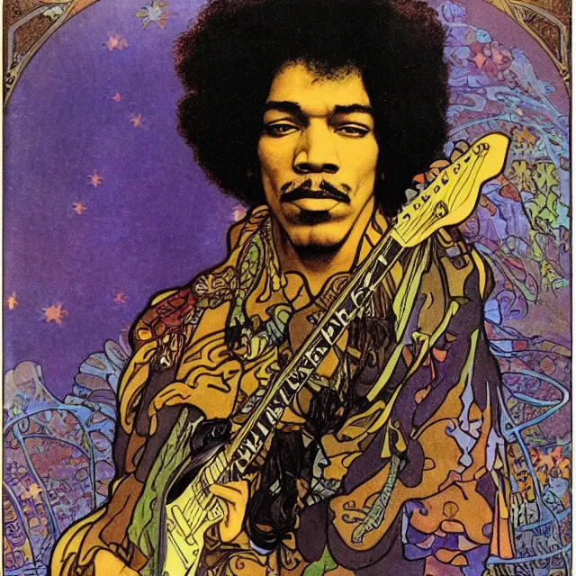 Prompt: polaroid of a vintage record cover by Franklin Booth and Edmund Dulac showing a portrait of Jimi Hendrix as a futuristic space shaman, Alphonse Mucha background, futuristic electric guitar, star map, smoke