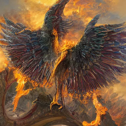 Image similar to photograph of the phoenix, the majestic mythical bird with the plumage of fire, beautiful intense light of fire, hyper detailed, photography, marc simonetti, john howe