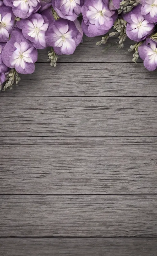 Image similar to light and clean soft cozy background image with soft, light - purple flowers on pale gray rustic boards, background, cottagecore, photorealistic, backdrop for obituary text