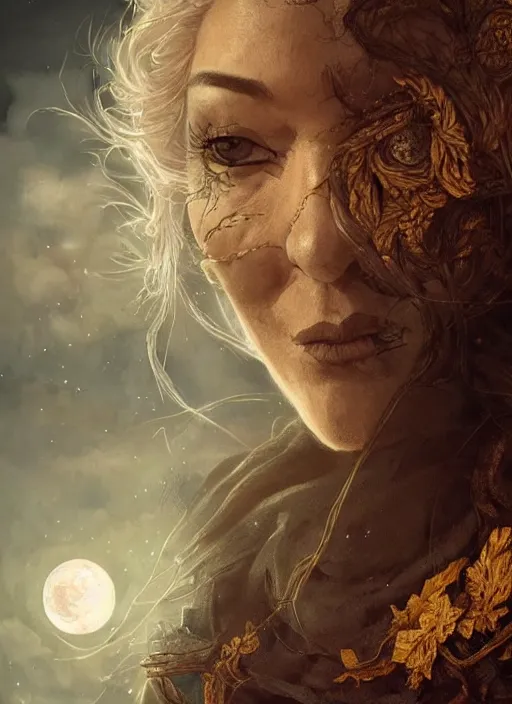 Image similar to golden moon at background, creative!!! composition for a book cover, absurdly beautiful, ultrafine hyperrealistic detailed old witch face by wlop and artgerm and greg rutkowski, intricate linework, sharp focus, smooth, octopath traveler, final fantasy, unreal engine, dramatic lighting, ethereal, 8 k