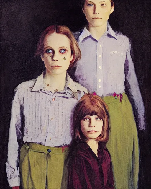 Prompt: two beautiful but creepy siblings wearing oxford shirts in layers of fear, with haunted eyes, 1 9 7 0 s, seventies, wallpaper, a little blood, morning light showing injuries, delicate embellishments, painterly, offset printing technique, by brom, robert henri, walter popp