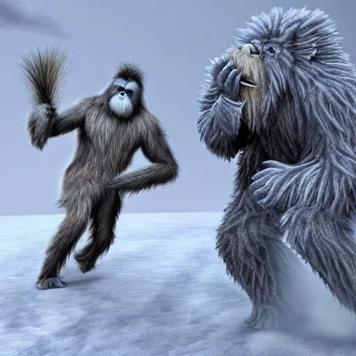 Image similar to a high detailed realistic photo of a yeti battling a sasquatch