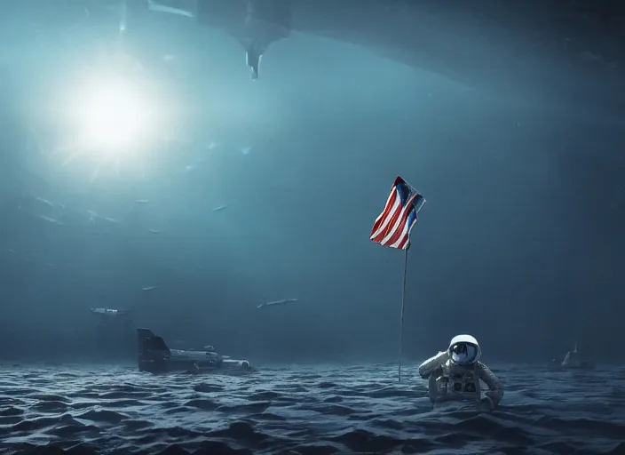 Image similar to astronaut holding a flag in an underwater desert. a submarine is visible in the distance. dark, concept art, cinematic, dramatic, atmospheric, 8 k, trending on artstation, blue, fish, low visibility, fog, ocean floor, christopher nolan, interstellar