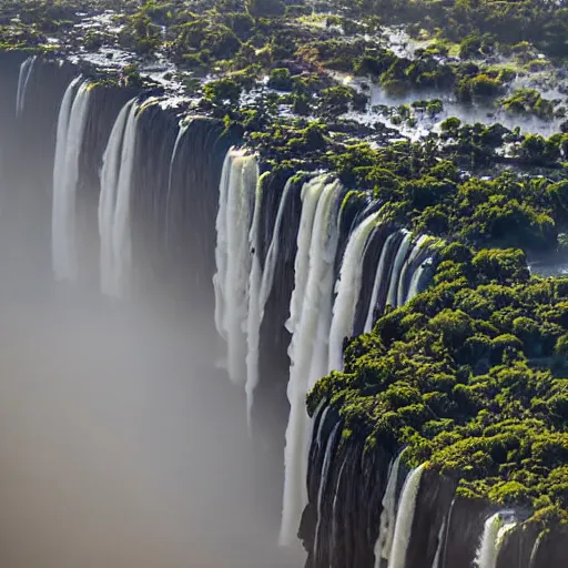 Prompt: a stunning areal photo of victoria falls zambia zimbabwe early morning mist thousands of colorful tropical birds formation sunrise rainbow award winning photo, 1 0 0 mm lens, f 2. 8, low contrast hdr filter n - 9