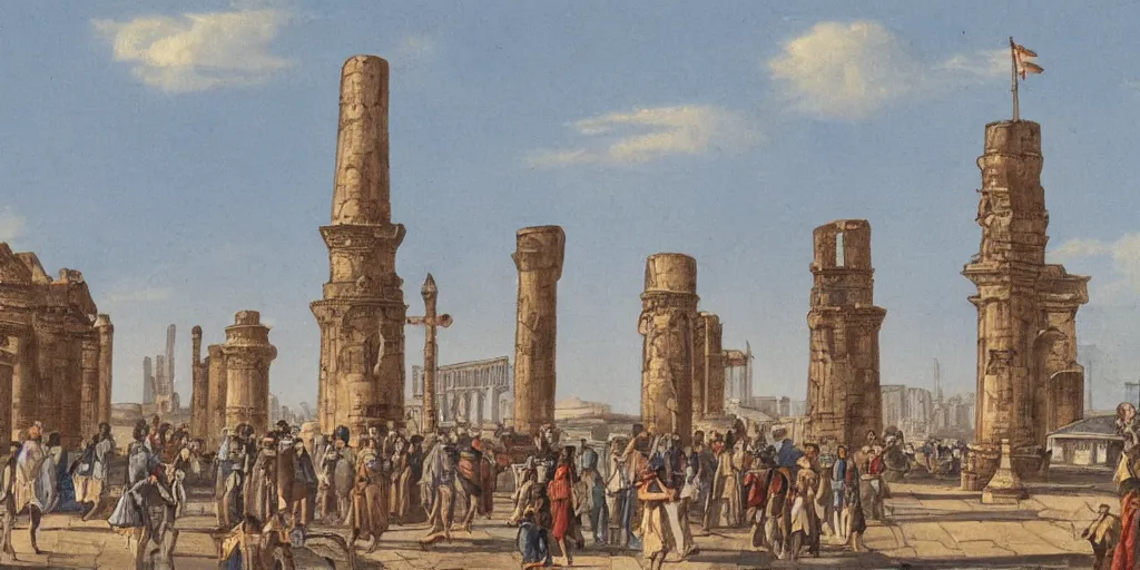 Image similar to illustration, ancient thriving city buildings on top tall pillars structure over the ocean, tall arches, busy with people