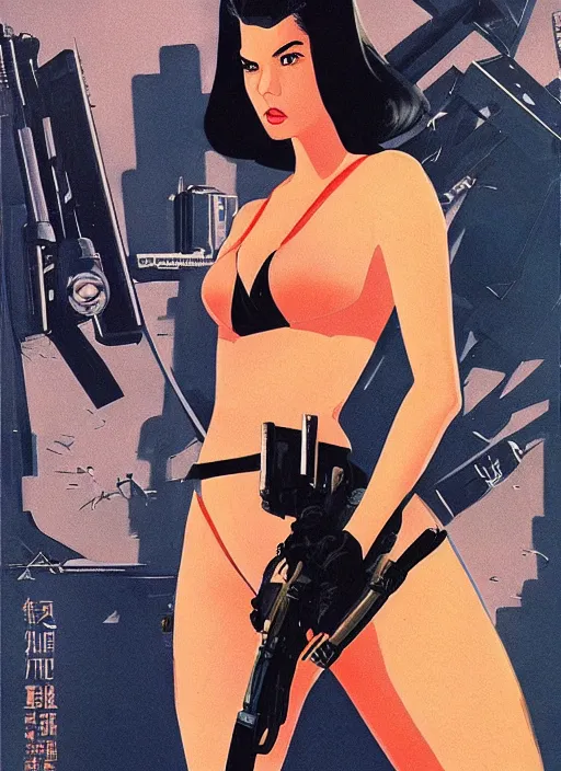 Prompt: Sui He as a Bond Girl in a Retro futuristic James Bond movie poster in style of anime, cinematic, realism, Greg rutkowski, 1990s