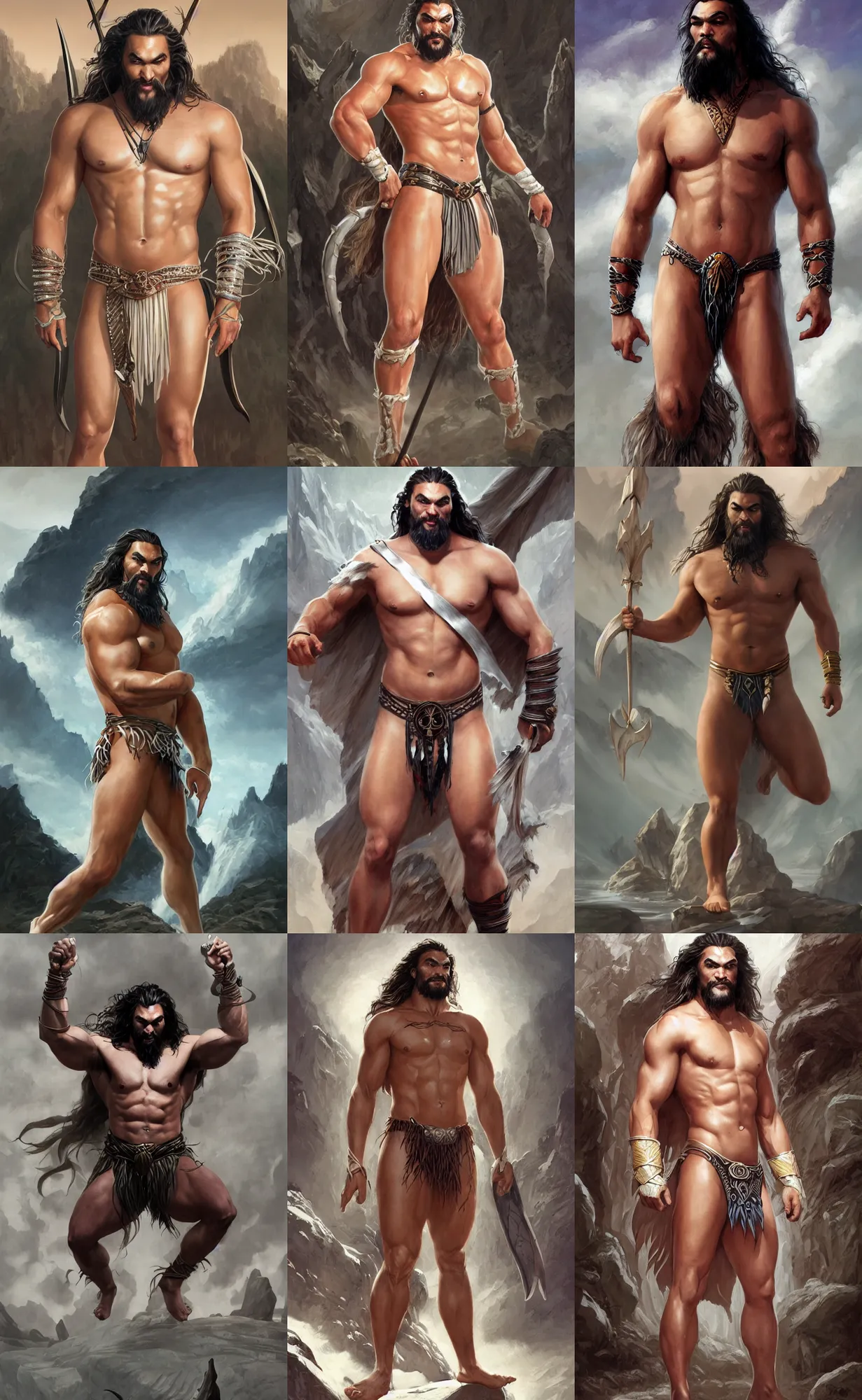 Prompt: jason momoa, white loincloth, full body, full shot, neutral background, highly detailed, digital painting, artstation, concept art, sharp focus, illustration, orientalism, art by artgerm and greg rutkowski and raphael lacoste and magali villeneuve