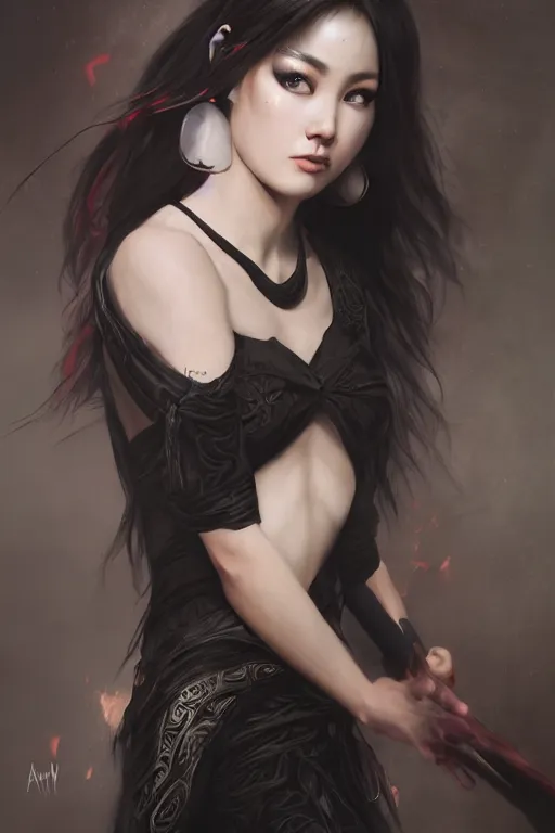 Image similar to photorealistic portrait of a dark mystical goddess wearing a qipao dress, environmental, fantasy, atmospheric, hyper realistic, artstation, art by artgerm, andres rodriguez and john william waterhouse