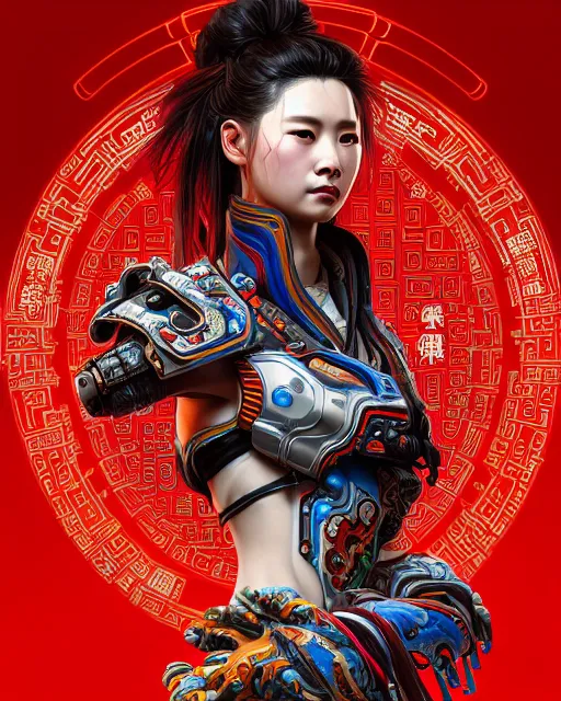 Prompt: portrait of a chinese cyberpunk machine horizon zero dawn, machine face, robed upper half portrait decorated with chinese opera motifs regal royal fierce machine robot cyberpunk fine china wuxia traditional chinese art intricate intense elegant highly detailed digital painting artstation illustration, art by artgerm and greg rutkowski alphonse mucha 8 k