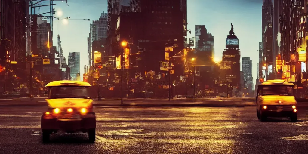 Image similar to a tuk tuk walking through a desolate manhattan city street at night statue of liberty seen in the background realistic 4 k octane beautiful