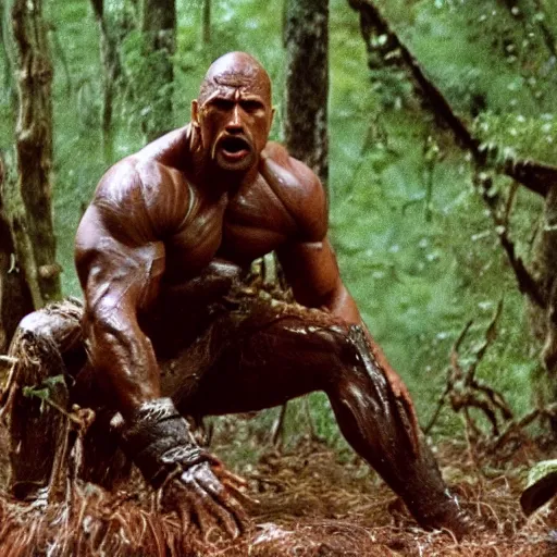 Image similar to film still of a mud - covered dwayne johnson as dutch hiding behind a tree from the predator in predator 1 9 8 7, hd, 8 k