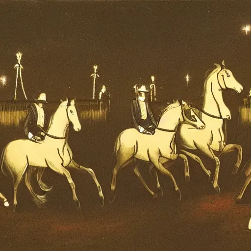 Image similar to a gang of horses playing black jack at night