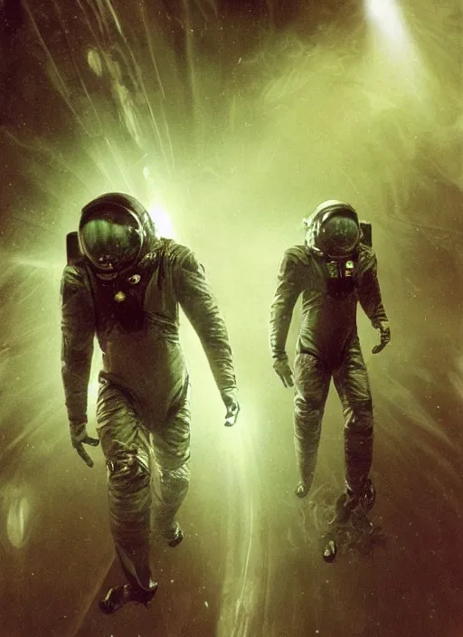 Image similar to astronauts in dark void underwater - complex and hyperdetailed technical suit. reflection and dispersion materials. rays and dispersion of light. volumetric light. f / 3 2. noise film photo. flash photography. ultra realistic, wide angle. poster by wayne barlowe, hajime sorayama aaron horkey, craig mullins