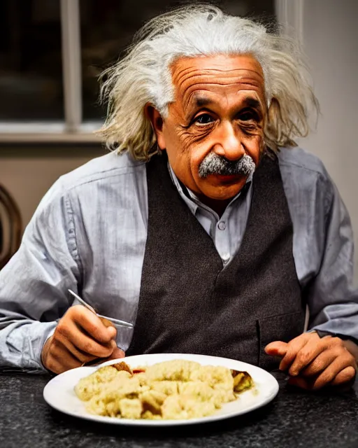 Prompt: A photo of Albert Einstein eating a plate of Idli and Sambar, highly detailed, trending on artstation, bokeh, 90mm, f/1.4