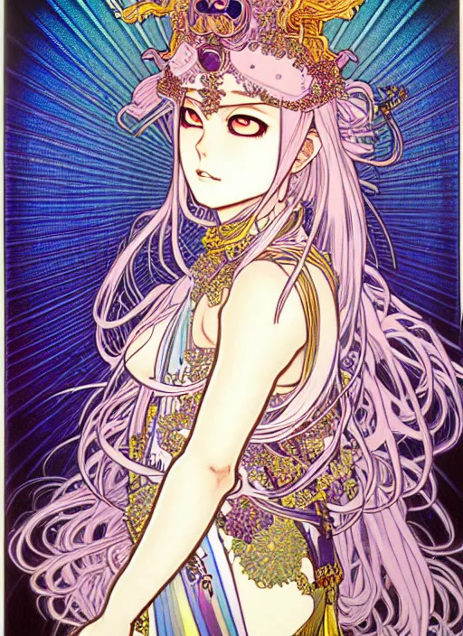 Image similar to highly detailed terada katsuya minaba hideo atrstation manga poster of princess mechine, face by aregerm, rainbow gradient reflection, long hair, armor, dress, laces, ruffles, 8 k, maximalist, legend of the cryptids, alphonse mucha