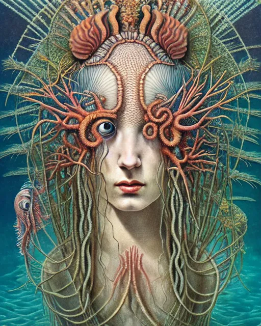 Prompt: realistic detailed underwater portrait of the beutiful young goddess of the fish of the three times with an intricate headdress of corals, sea kelp, sea plants, fish, jellyfish, art by ernst haeckel, zdzisław beksinski, h. r. giger, gothic, neo - gothic, ornamental,