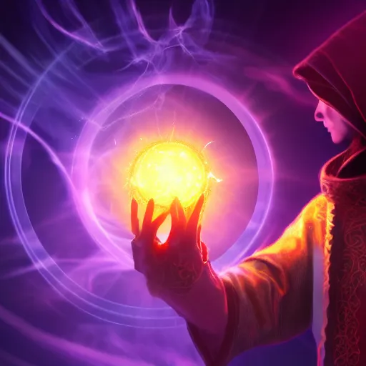 Prompt: a warlock is casting a magic spell, while a few small magic orb is floating nearby, the magic orb emit a blueish vapour, dynamic pose, chromatic aberration , medium level shot, Grim fantasy, illustration ,digital art, concept art,