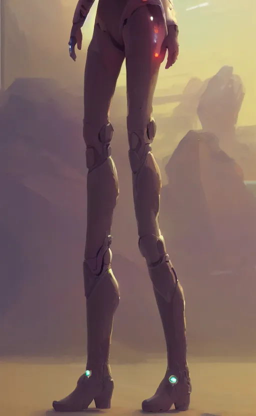 Prompt: sci fi female character, muted colored bodysuit, sci-fi large mech boots that go up to the thigh, soft lighting, wojtek fus, by Makoto Shinkai and Ilya Kuvshinov,