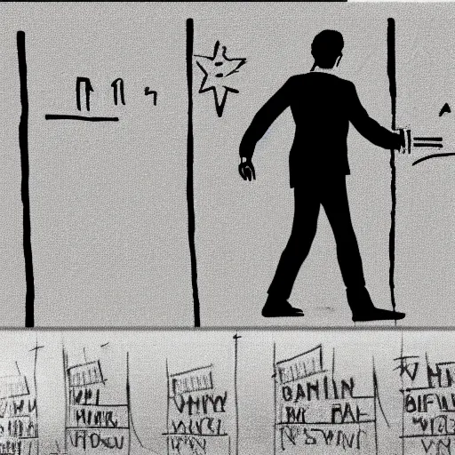 Prompt: storyboard frame of pov of a man walking on the berlin wall