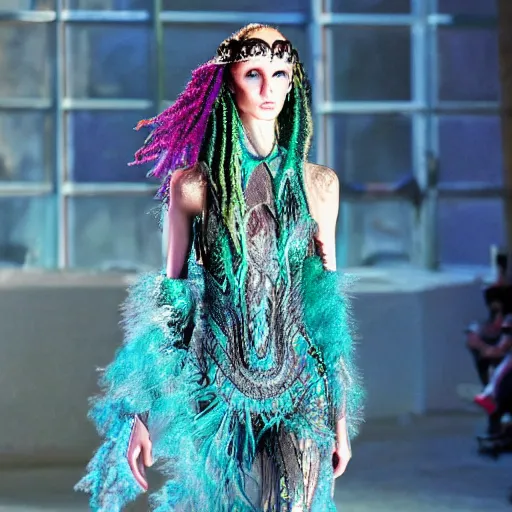 Prompt: intricate detail, haute couture, iris van herpen, mugler, techno mystic, inanna ashteroth with aqua neon rapunzel dreadlocks, nautical siren, princess intergalactica, gateway to futurisma