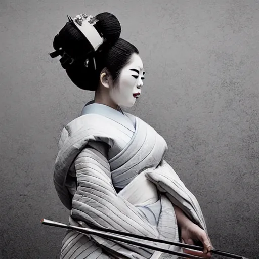 Image similar to geisha as a samurai, in battle, advertising photography