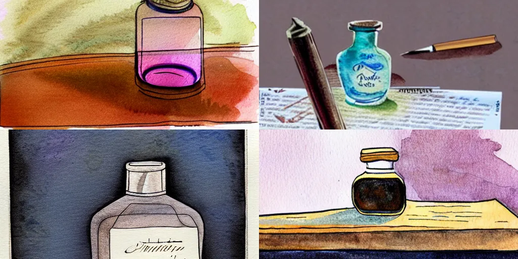 Prompt: quill pen and ink bottle on desk with papers, afternoon lighting, watercolor