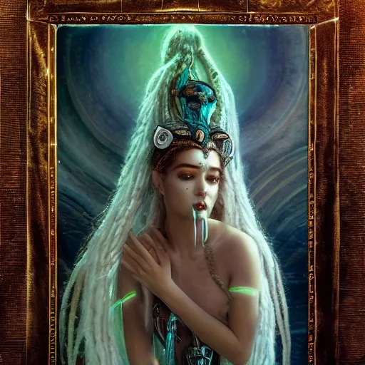 Image similar to birth of mami wata, sumerian goddess inanna ishtar, ashteroth, techno mystic goddess princess intergalactica, with aqua neon rapunzel dreadlocks, mami wata, detailed, by gaston bussiere, bayard wu, greg rutkowski, giger, maxim verehin, greg rutkowski, masterpiece, sharp focus,