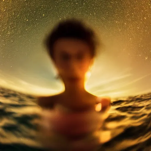 Image similar to Selfie!!!!! of a frightened!!!!! woman, in the middle of the ocean!!!!!, nighttime!!!!, cloudy dark sky, first-person view, fisheye!!!!! lens!!!!!, photorealistic image, trending on artstation, 4k, 8k