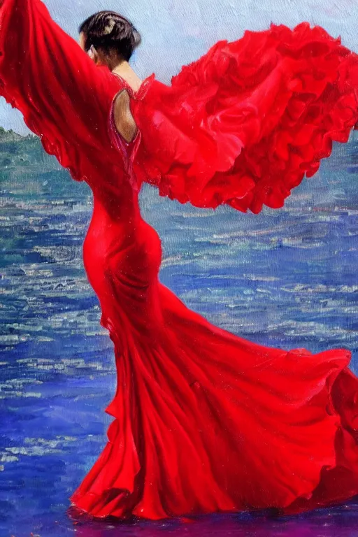 Image similar to detailed oil painting of spanish flamenco dancer standing in water, wearing a dress red dress that's floating, midnight, moon, dimly lit, looking away, dark shadows, ethereal, photo realistic, high definition, 4 k, slr