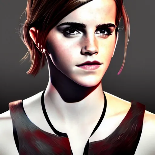 Image similar to Portrait of Emma Watson, the background is a huge futuristic city, cyberpunk style futuristic neon lights, artstation cgsociety masterpiece highly-detailed