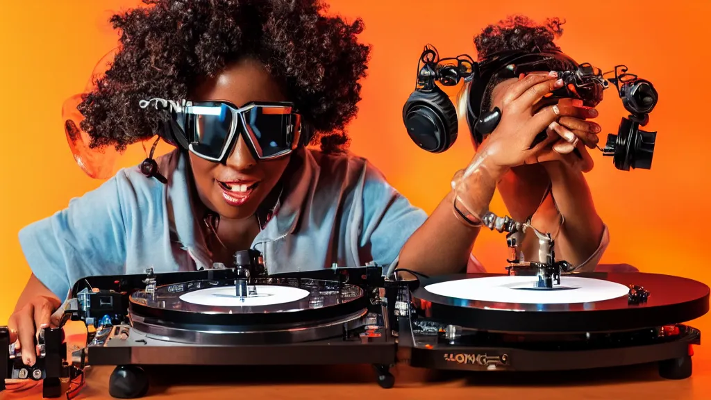 Image similar to a black woman wearing goggles and visor and headphones using an intricate clockwork record player turntable contraption, robot arms, turntablism dj scratching, intricate planetary gears, smoky atmosphere, cinematic, sharp focus, led light strips, bokeh, iridescent, black light, fog machine, hazy, lasers, spotlights, motion blur, color