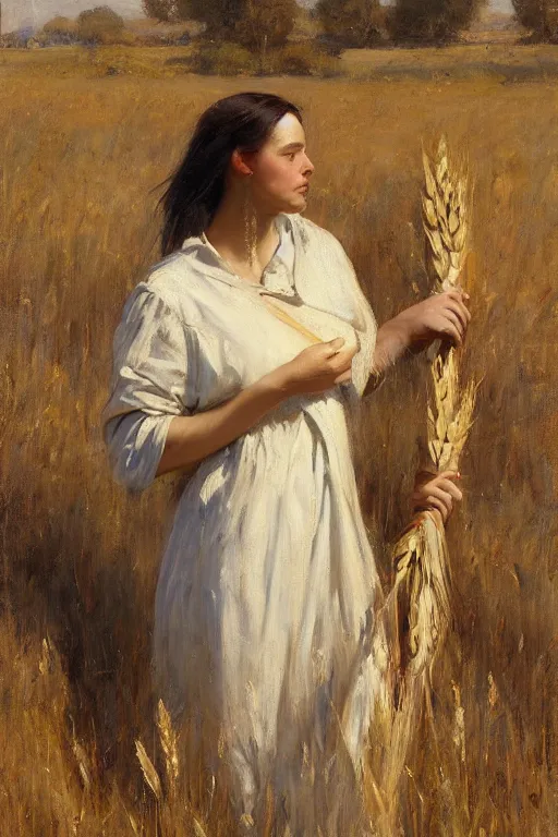 Image similar to Solomon Joseph Solomon and Richard Schmid and Jeremy Lipking painting full length portrait painting of a young woman carrying a sheaf of wheat