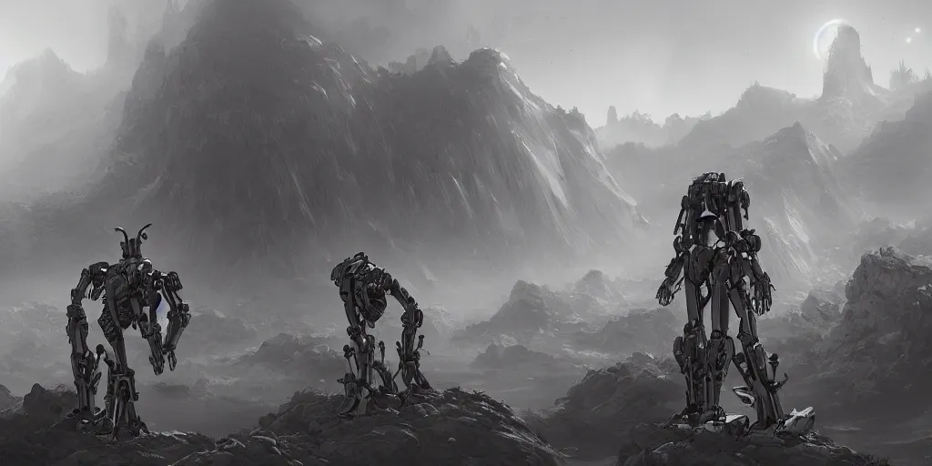 Image similar to robotic mechas in highly detailed alien planet with lush vegetation, deserts and mountains, desaturated, fog, mystical, artgerm, cgsociety