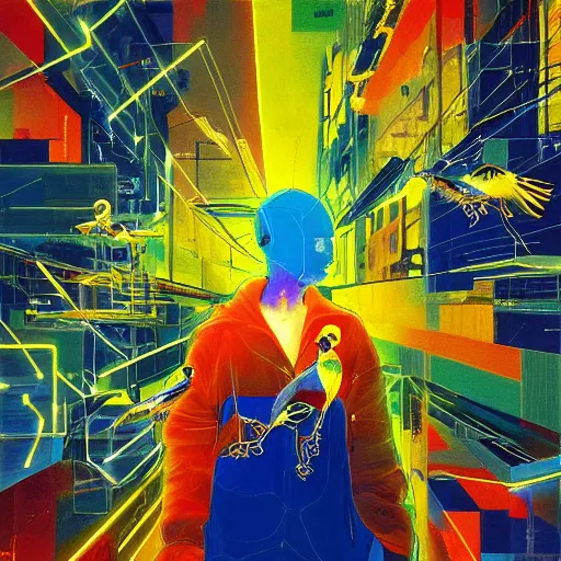 Image similar to a joyful golden blue hacker surrounded by birds, neon virtual networks, and information visualization, oil on canvas inspired by dave mckean and yoji shinkawa