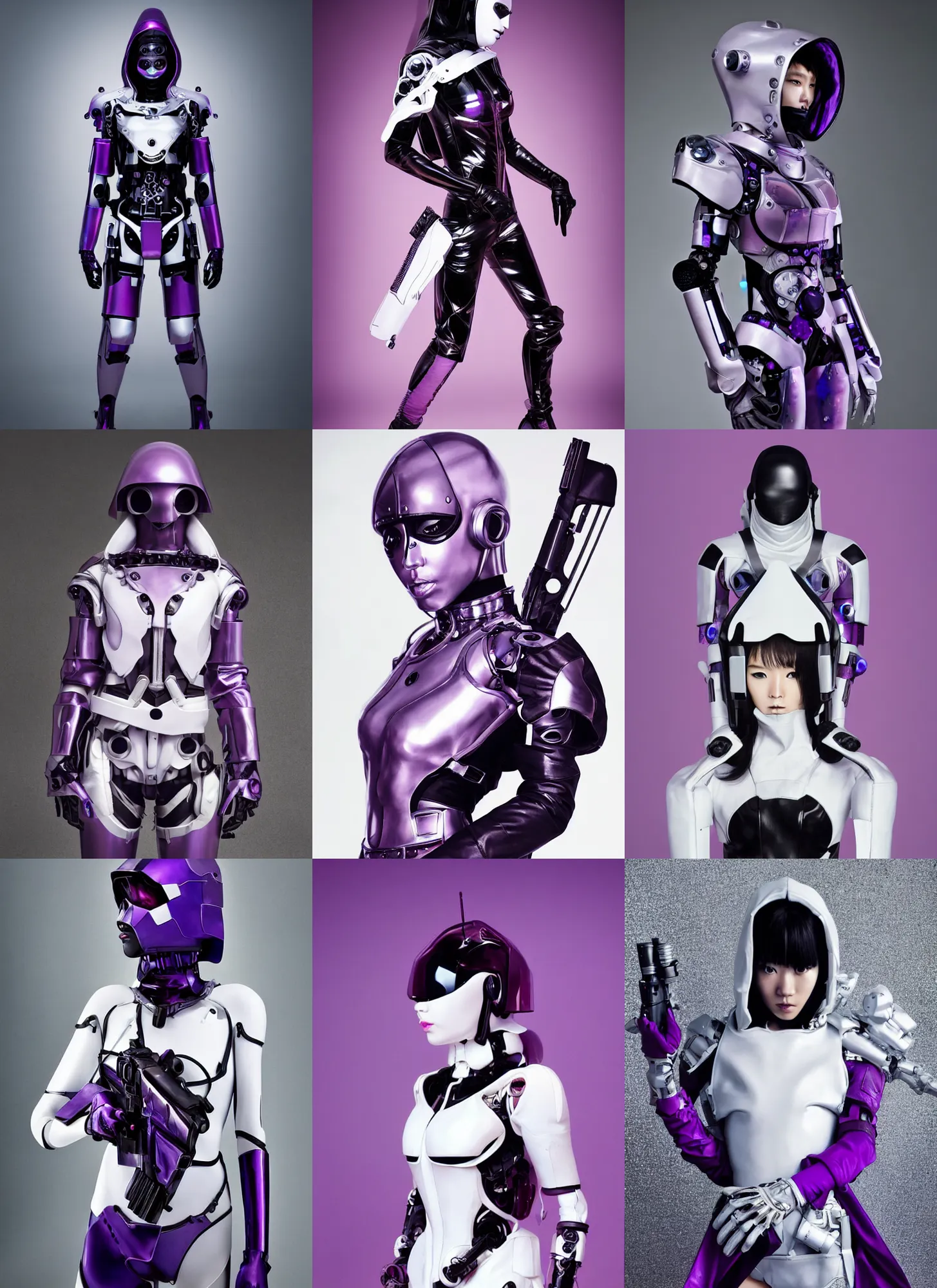 Prompt: cyborg ulzzang with white sci - fi tactical gear, black leather garment, purple transparent crystal cybernetic hood, full shot fashion photography, by irving penn and storm thorgerson, ren heng, peter elson