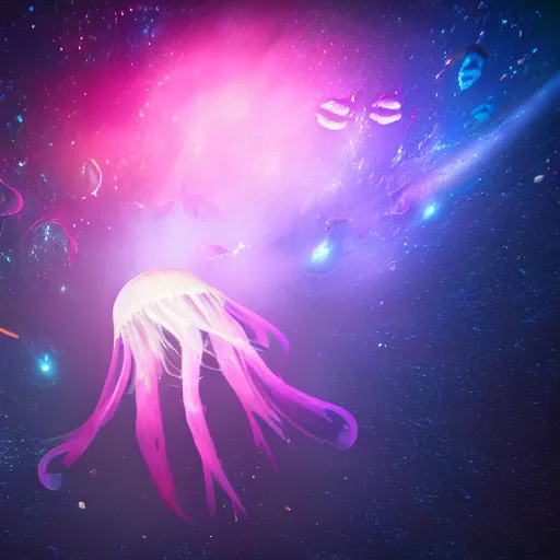 Image similar to unknown undiscovered jellyfish swimming in outer space nebula, 4 k, ultra detail, ultra realistic, 8 k, octane render, unreal engine, beeple