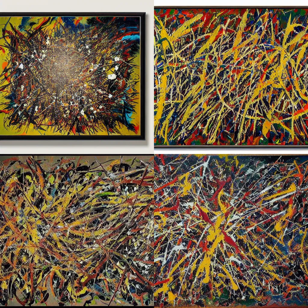 Prompt: abstract art representing creation, oil painting by jackson pollock