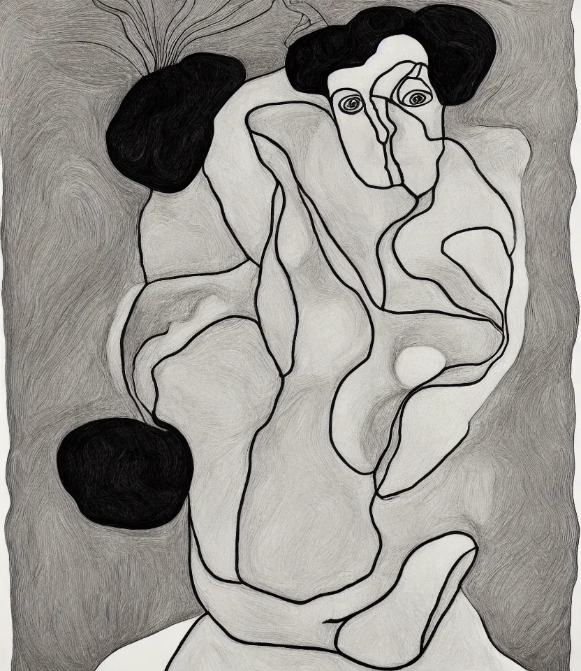 Image similar to detailed line art portrait of georgia o'keeffe, inspired by egon schiele. caricatural, minimalist, bold contour lines, musicality, soft twirls curls and curves, confident personality, raw emotion