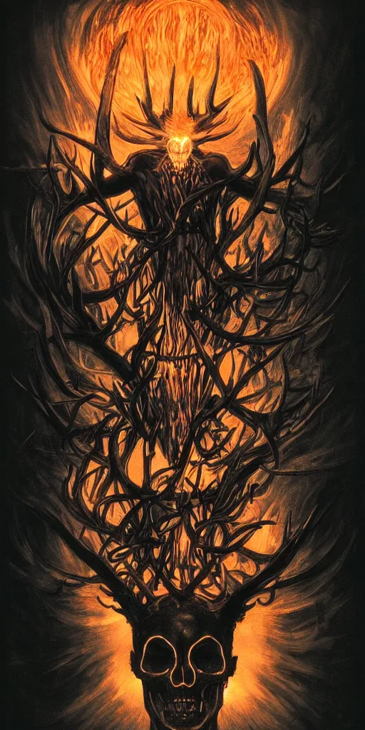 Image similar to intense glowing black metal pagan god with antlers and intense glowing white eyes with a skull on fire in very dark void by artgerm and beksinski and alphonse mucha, portrait, fantasy, clear, fire, light beams, lens flare, intense, uhd, amazing depth, cinematic lighting, black and red and intense orange and yellow