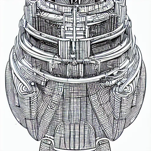 Image similar to Simplistic coloring book of a turbine blueprint, black ball pen on white paper, by Josan Gonzalez and Geof Darrow