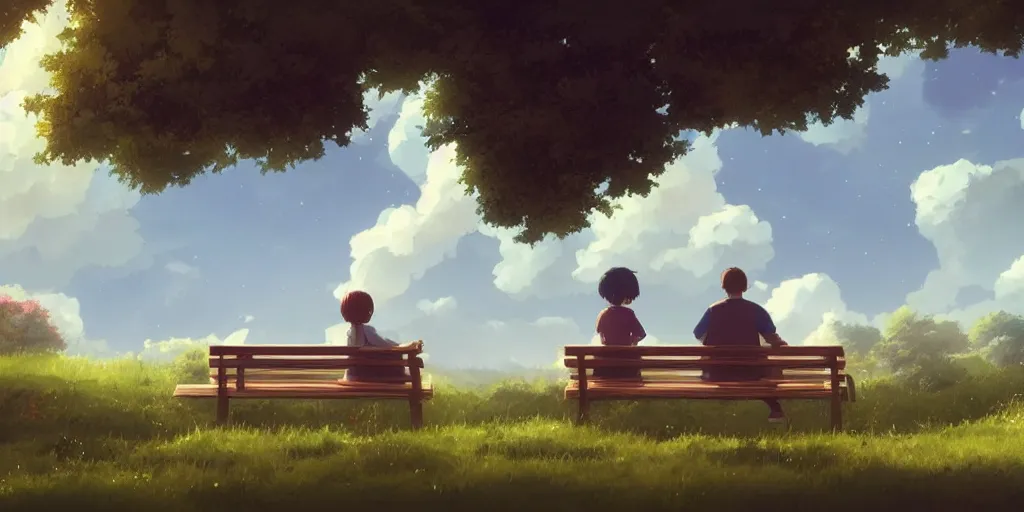 Image similar to animation key shot, a family with sorrow faces sitting on a bench, dramatic sky, close up shot, studio Ghibli, Pixar and Disney animation, sharp, Rendered Unreal Engine 5, film key art, Greg Rutkowski, Bloom, dramatic lighting