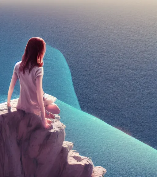 Image similar to a girl wearing a skirt sitting on a cliff overlooking a beach. intricate artwork by Tooth Wu and wlop and beeple. octane render, hyper realism, 8k