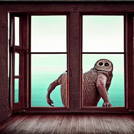 Prompt: photography, digital art, monster, window, wood floor