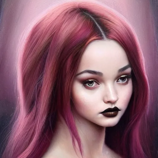 Prompt: tom bagshaw, very beautiful genetic mix of dove cameron madison beer bella poarch in a goddess dress, randomly lustrous colored hair, thin gothic makeup, professionally retouched, focus eyes, ultra realistic soft painting, insanely detailed linework, symmetrical accurate intricate features, behance artstation, 8 k
