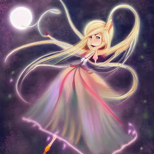 Image similar to digital painting of a long hair anime lady ELF dancing in the moonlight l by Sakimichan