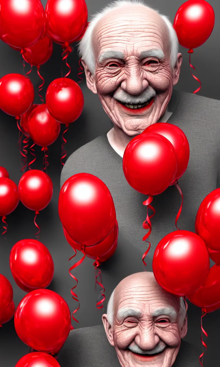 Prompt: waist up portrait of smiling old man with red balloons, highly detailed, digital painting, concept art, smooth, sharp focus, epic composition, award winning photography, gothic art, artstation, concept art, beautiful render, art by artgerm and wlop