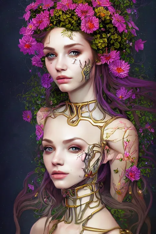 Image similar to portrait of beautiful young mainem, warhammer, cyber style, a lot of more scars, more and more flowers, the middle ages, highly detailed, artstation, illustration, artgerm sylvari portrait, 8 k quality, art by gustav klimt