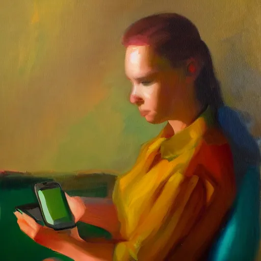 Image similar to a vivid impressionistic painting portrait of a bored woman, she is holding a smartphone, oil on canvas, trending on artstation